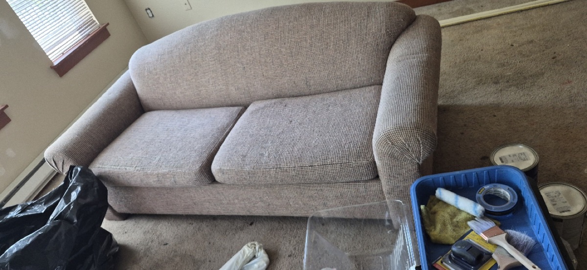 Before: apartment living room full of tenant move-out junk